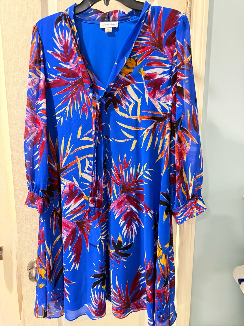 Calvin Klein Bold Blue Tropical-Print Long Sleeve Dress